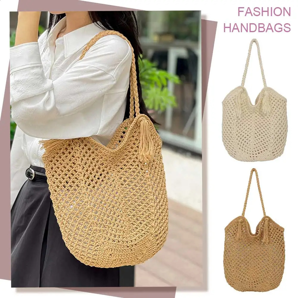Straw Summer Beach Bag Large Capacity Women Woven Shoulder Purse Solid Color Clutch for Shopping Vacation Travel 240828