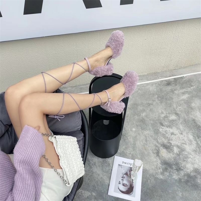 Fashionable purple fur sandals womens sexy lace tie high-heeled pump womens pink plush party evening dress shoes 240827