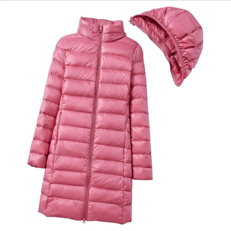 Winter Womens Korean Fashion Slim Remove Hooded Parka Fashionable Outerwear Down Jackets Long Light Thin Coat Puffer Jacket 240829