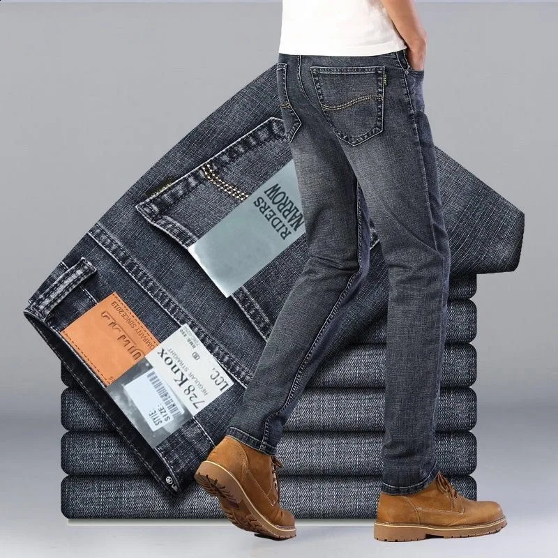 Spring/Summer Solid Color Straight Leg Elastic Jeans Mens Casual Relaxation Breathable High Quality Pants 240829