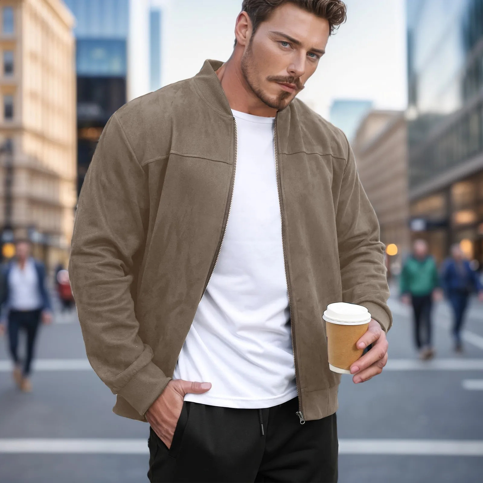 Mens solid color suede lightweight stand up collar zipper cardigan jacket casual loose business comfortable trendy 240829
