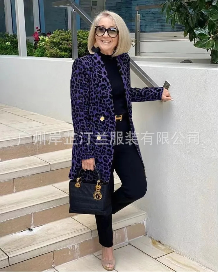 mid length coat leopard pattern set collar wool coat womens inventory European and American style womens clothing 240828