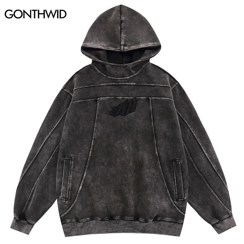 Hip Hop Streetwear Retro Vintage Washed Black Hoodie Sweatshirt Men Embroidery Letter Hoodie Harajuku Hooded Pullover Y2K 240828