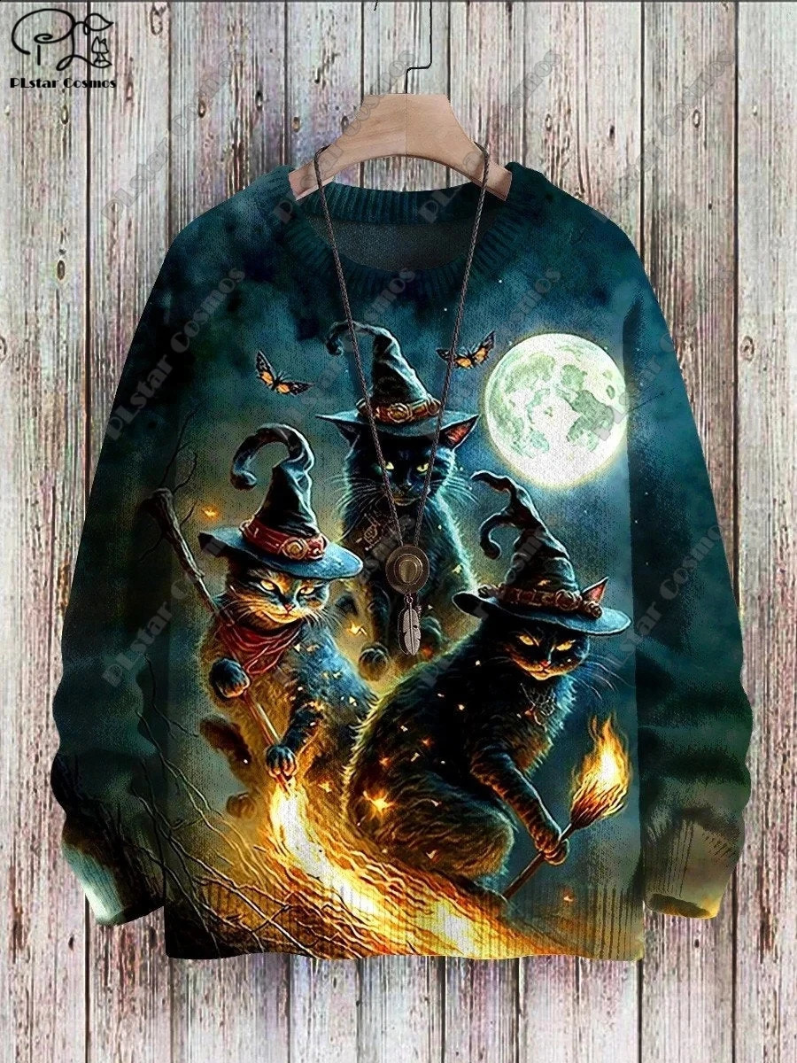 3D printing Halloween series horror ghost skeleton witch black cat pattern ugly sweater street casual winter sports shirt W-4 240829