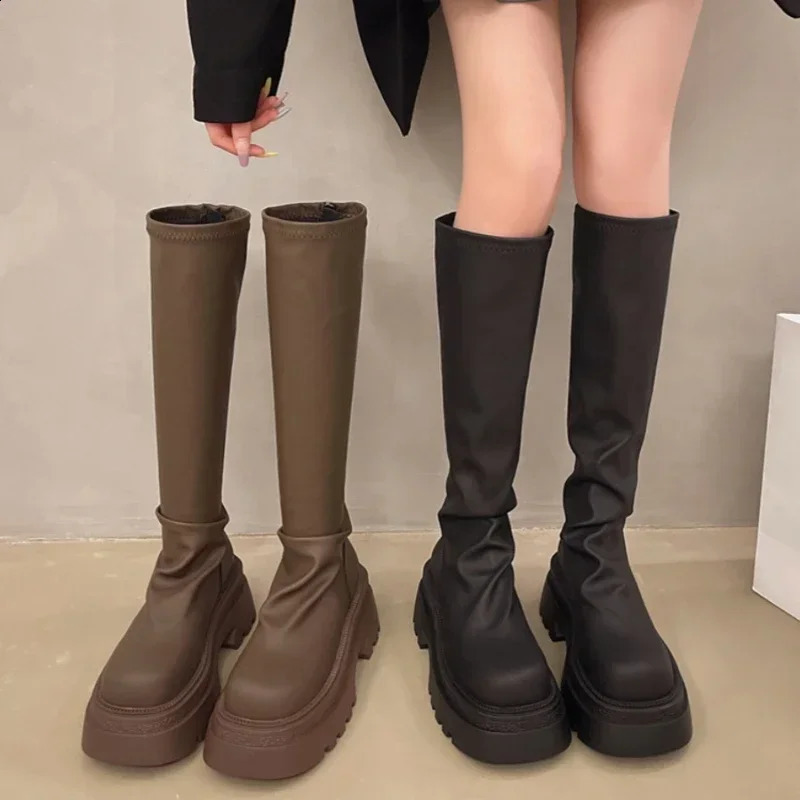 Platform Womens Knee High Boots Fashion Strap Zipper Knight Boots Autumn Womens Thick Boots 240827