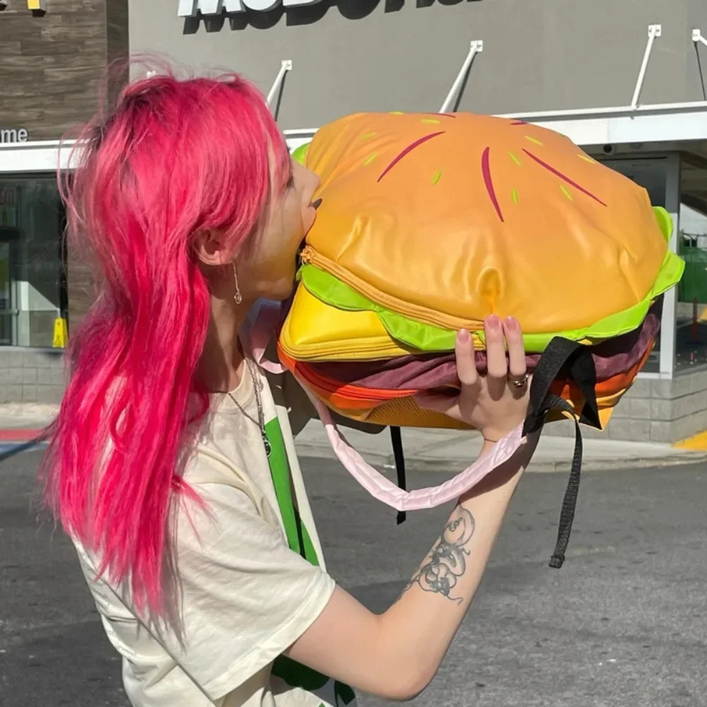 Stylish Hamburger Daypack Laptop Storage Zipper Portable Casual Tote PU Cheeseburger Backpack for Unisex Travel Outdoor Vacation 240829