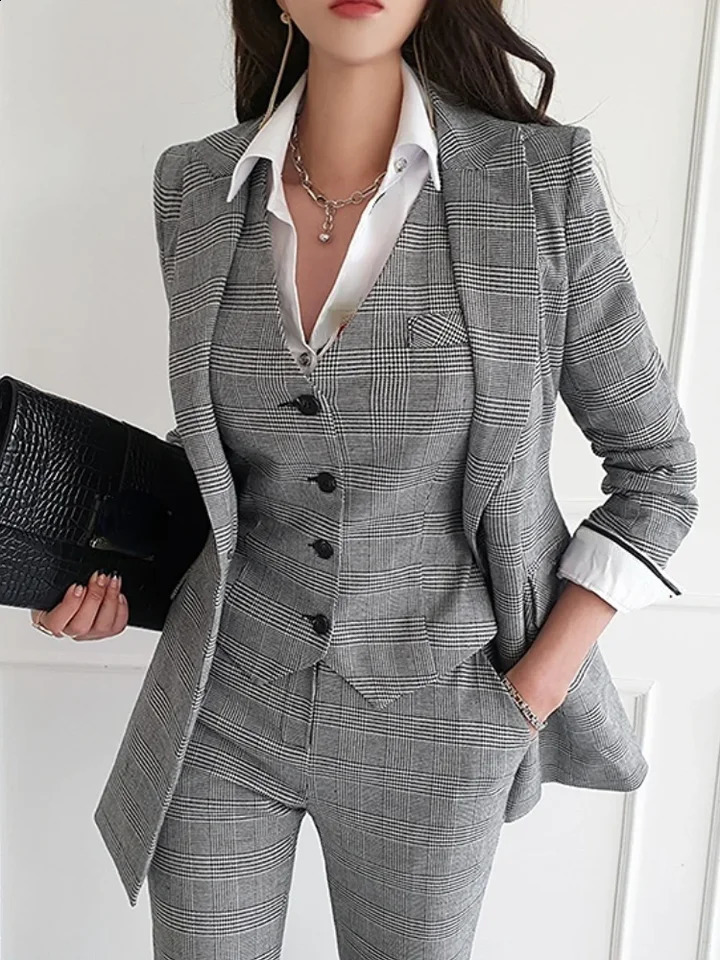 Women Elegant Formal Business Blazer 3 Pieces Suit Office Work Plaid Jacket Vest Pantsuit Korean Fashion Female Vintage Outfits 240828
