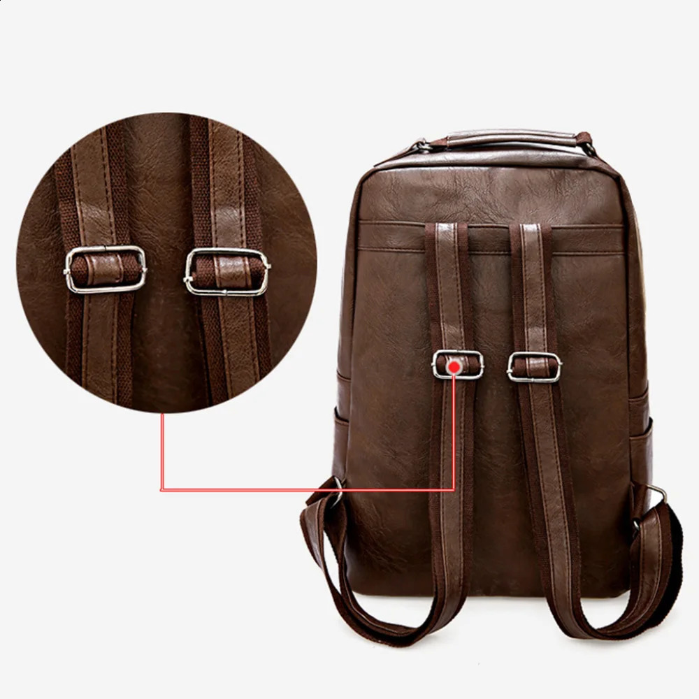 Large Capacity Laptop Backpack Men Casual Fashion Bags For Men Retro Zipper PU Leather Backpacks Male Travel Waterproof Bag Man 240829