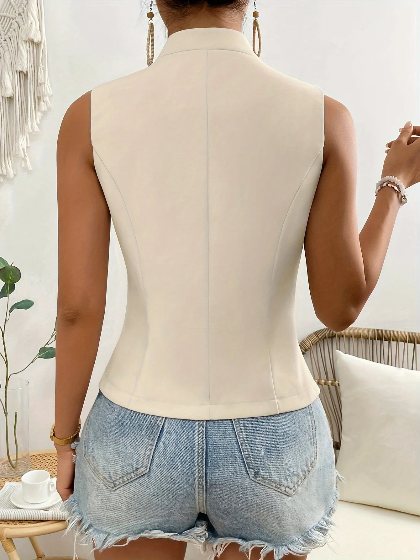 Womens Summer Solid Color Sleeveless Tank Top Fashion Ultra Thin Button Belt Womens Autumn Korean Jacket 240828