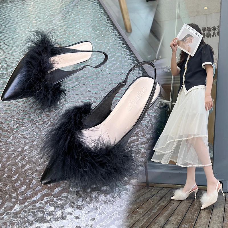 Lace slider womens shoes womens pump solid leather dot lace slider fur high heels summer womens slider 240827