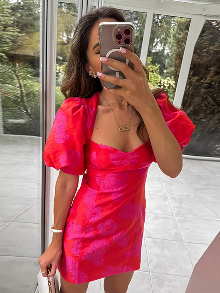 Printed Mini Dresses Sexy Short Puff Sleeve Backless Knotted Zipper Female Dress Club Evening Party Bodycon Lady Prom Robe 240828