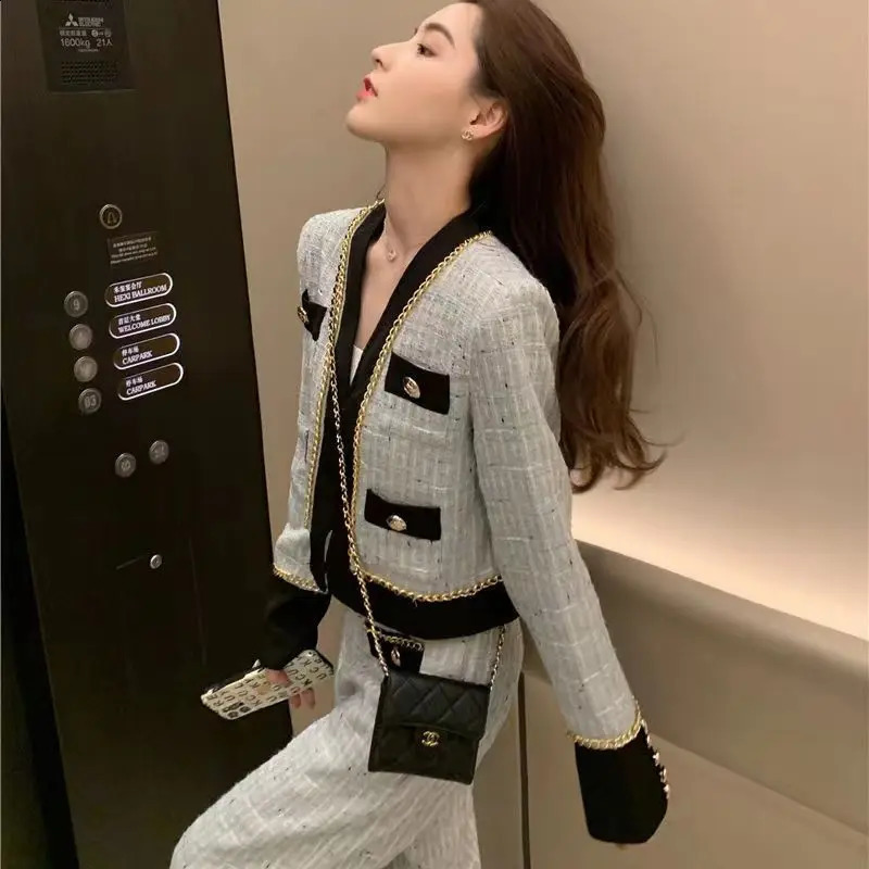 V Neck Tweed Jacket Women Top Korean Wide Leg Plaid Pants Vintage Striped Coat Y2k Two Piece Sets Womens Outifits 240828