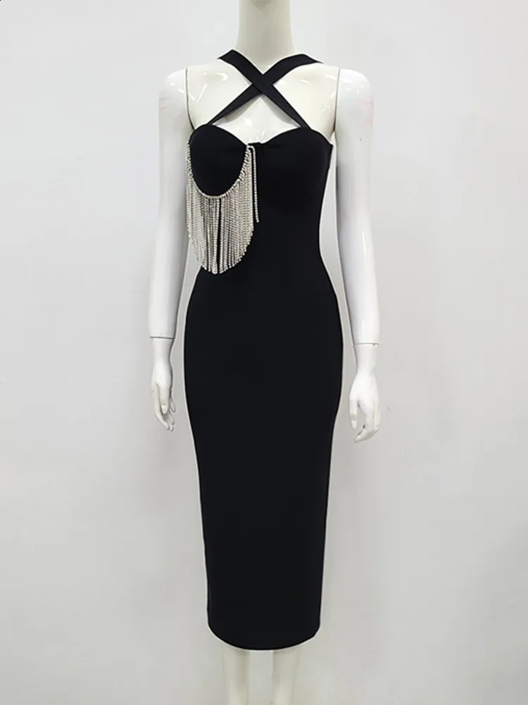 Women Summer Sexy Key Hole Diamonds Tassel Crystal Midi Black Bodycon Bandage Dress Elegant Evening Party Dress Vestido 240828