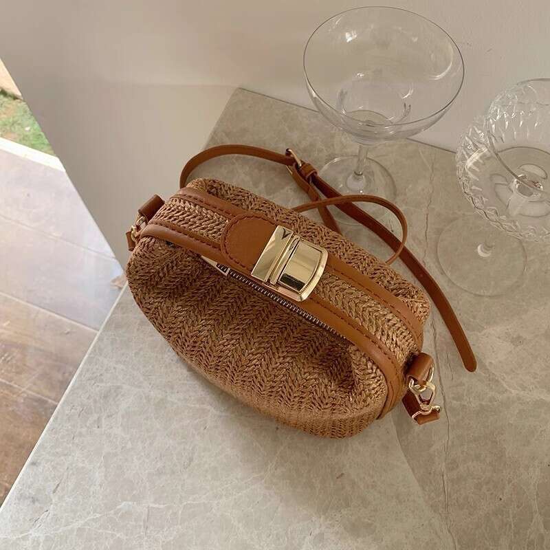 News Mini Simple Handbag With Lock Button, Summer New Woven Straw Bag, Tote Bag, Shoulder Bag, Crossbody Bag For Women, Shopping And Beach Outing Esse