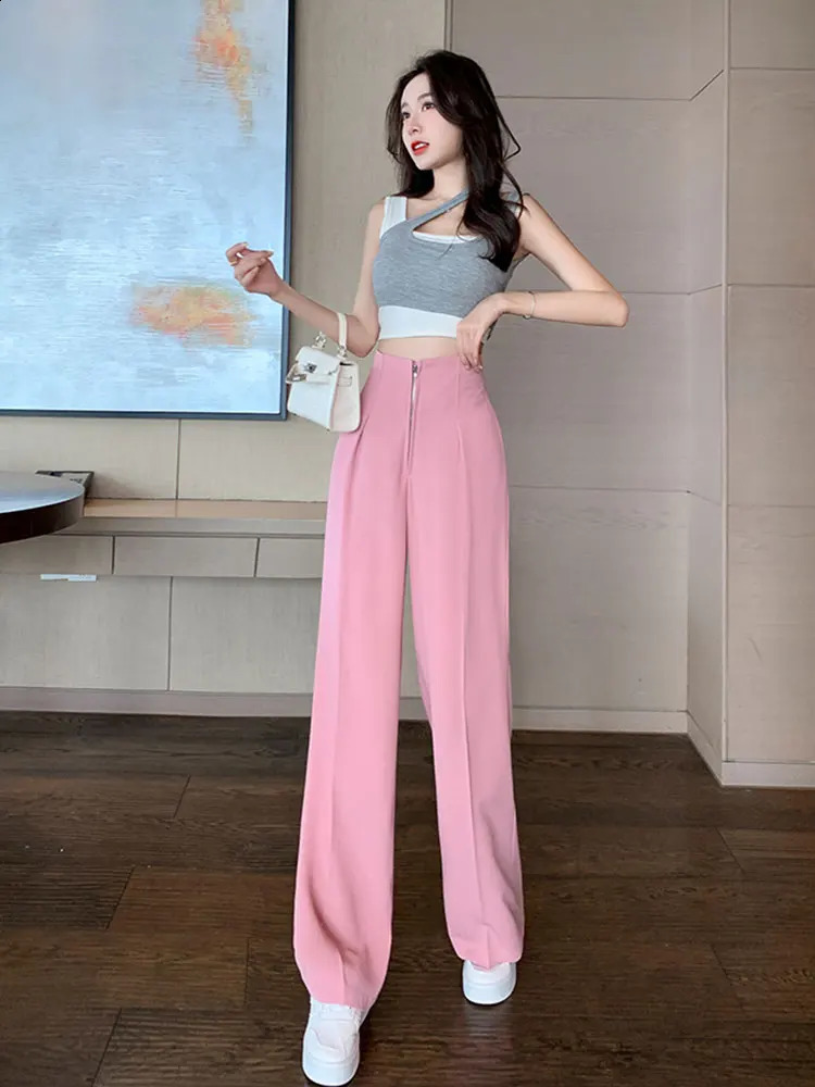JXMYY Pure Relief High Waist Zipper Loose Pullband Thin Womens Wide Leg Straight Set Ultra Edition Trouser 240827