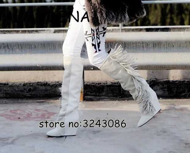 Boots High top suede black and white ruffled knee high Pointed Toe Hidden Wedge womens fashionable boots with increased height Y2408298UDZ