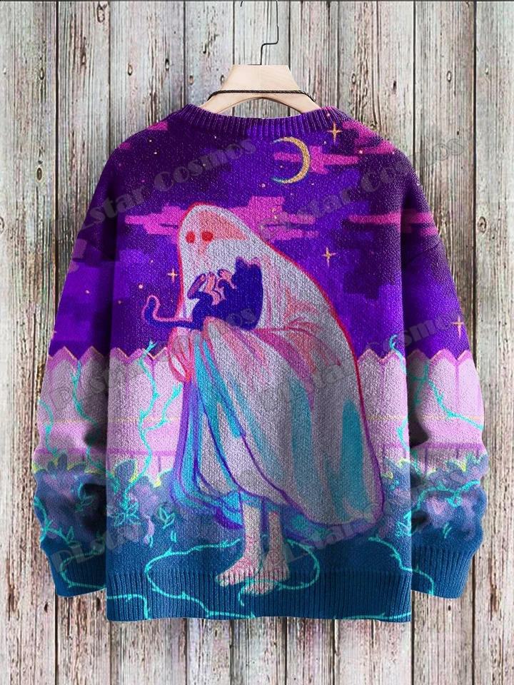 Halloween Ghost Black Cat Art Pattern 3D Printing Mens Knitted Lanhua Winter Neutral Casual Warm Knitted Lanhua Sweater ZZM65 240829