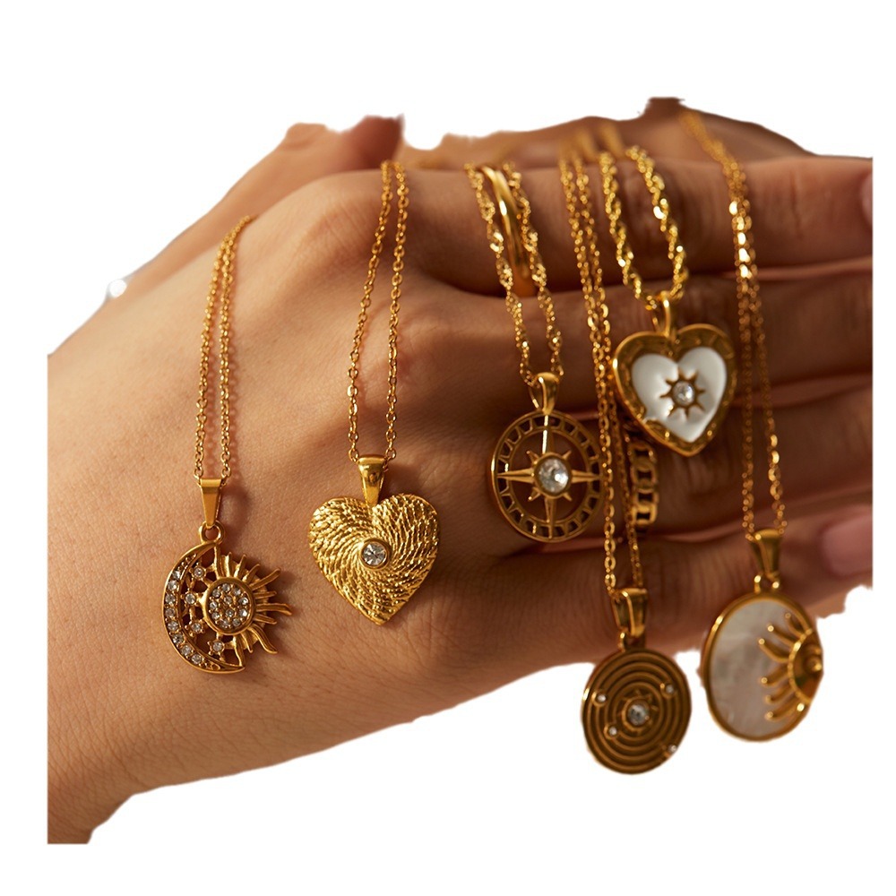 Non Tarnish 18K Gold Heart Sun Star Moon Angel Pendant Necklace Designer Jewelry Stainless Steel Chain Cubic Zircon Diamond Necklaces for Wome Girl Fi
