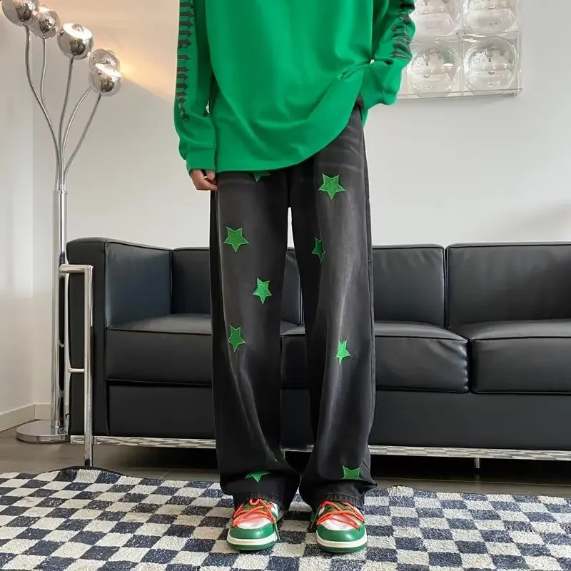 Fashionable retro washed green star embroidered full letter jeans American style straight leg casual pants 240829