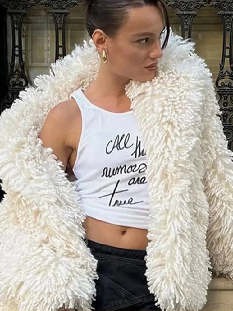 Elegant Lapel Faux Coat Women Fashion Long Sleeve Loose Solid Outwear Curly Fur Female Top Autumn All-Match Jacket 240828