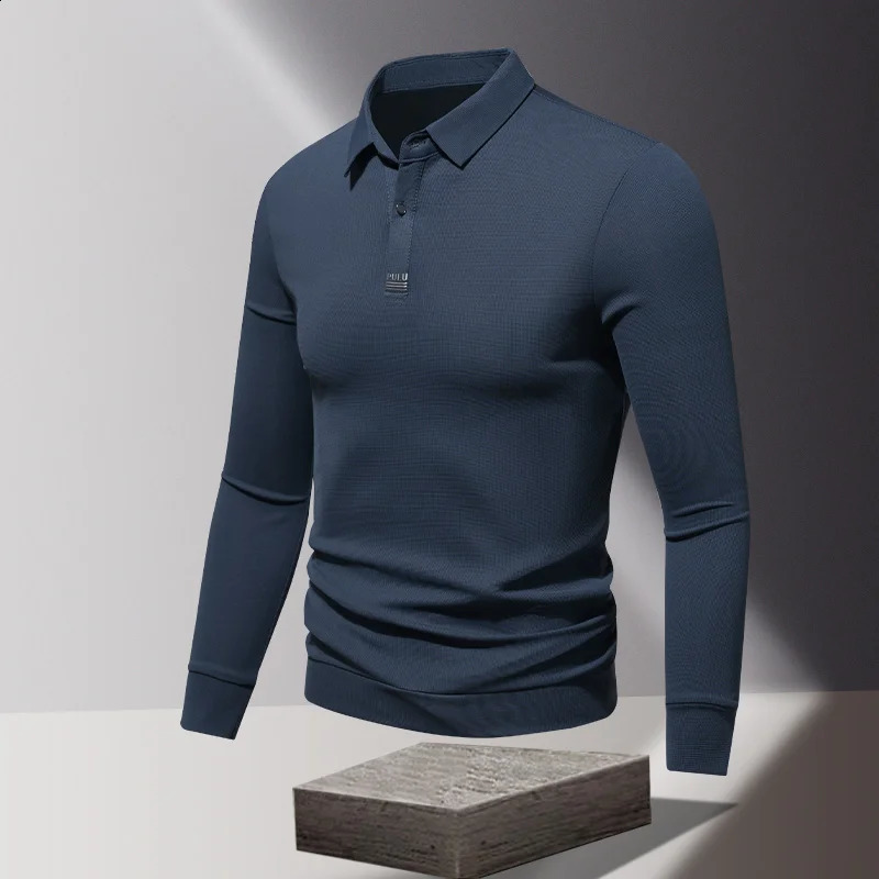 Business solid color floral letter lapel long sleeved polo Tshirt mens casual formal spring and autumn top 240828
