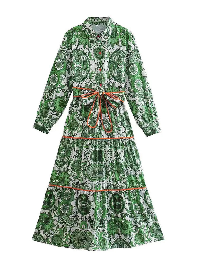 XEASY womens retro printed dress elegant lapel print long sleeved lace top single corset skirt 240828