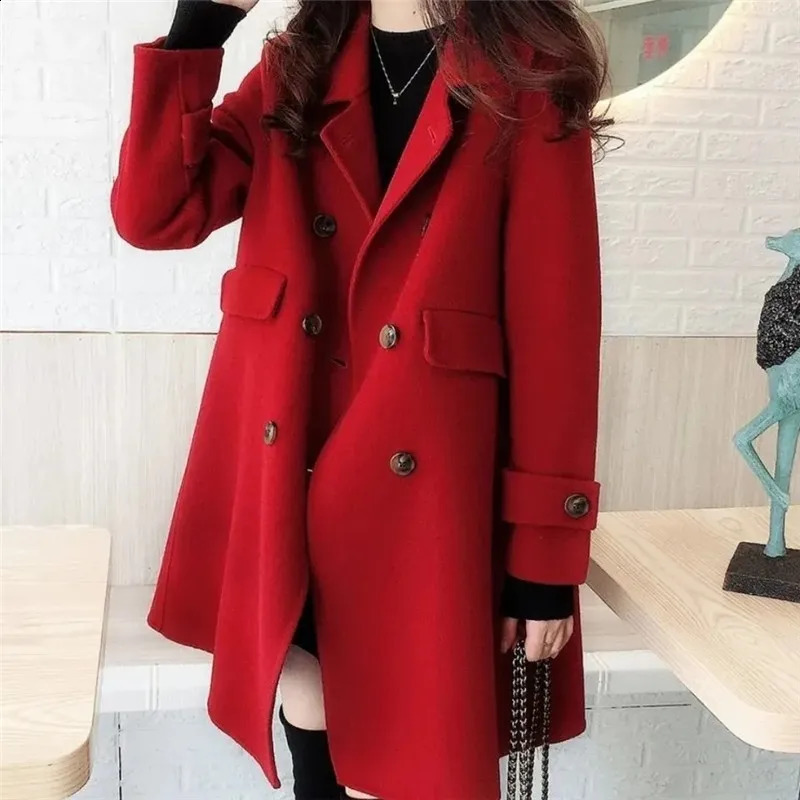 Fashionable double-layer wool jacket for womens casual autumn jacket elegant red wool windproof jacket 240828