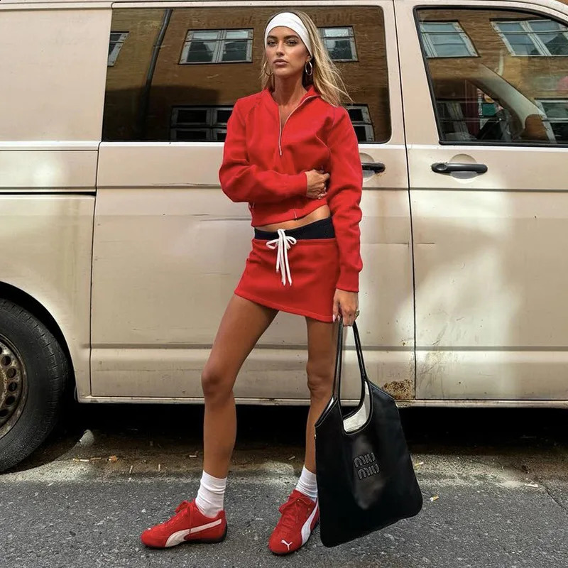 Womens 2024 Lapel Zipper Jacket High Street Contrast Color Lace-up Skirt Suit Sports and Leisure 2-piece Set 240829