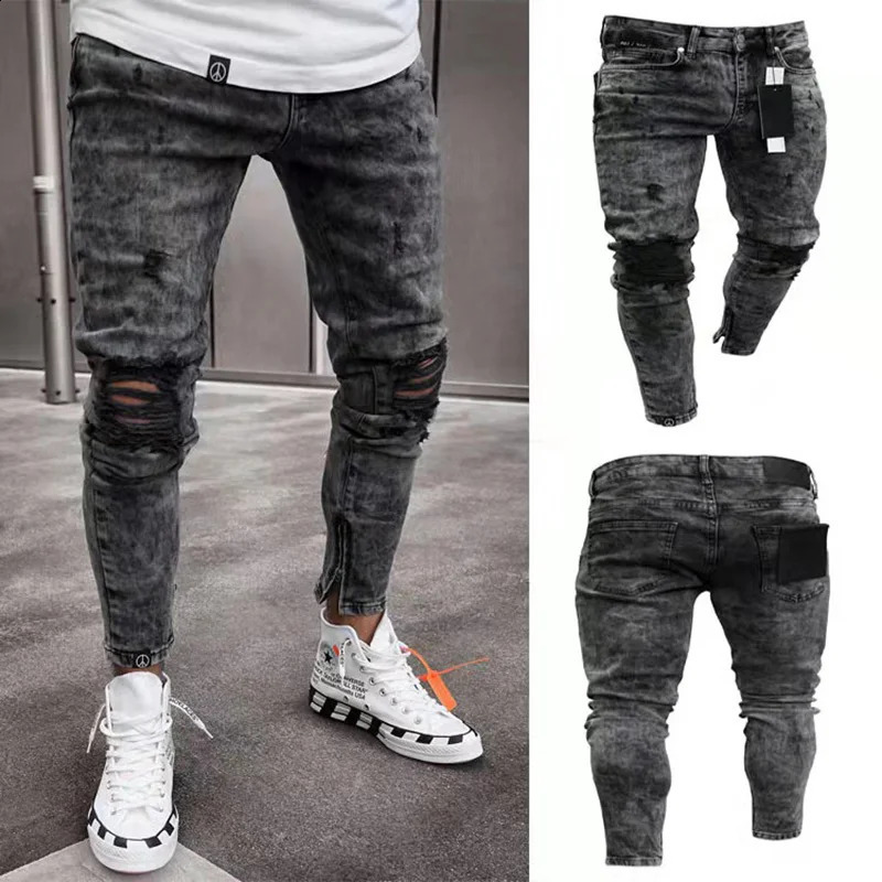 Men European American Style High Street Ripped Hip Hop Stylish Skinny Jeans High Quality Holes Casual Cotton Pencil Denim Pants 240829