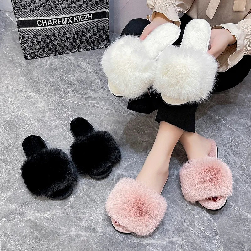 womens slippers winter simple word fur apartment soft home womens slippers artificial fur warm bedroom casual womens shoes 240827
