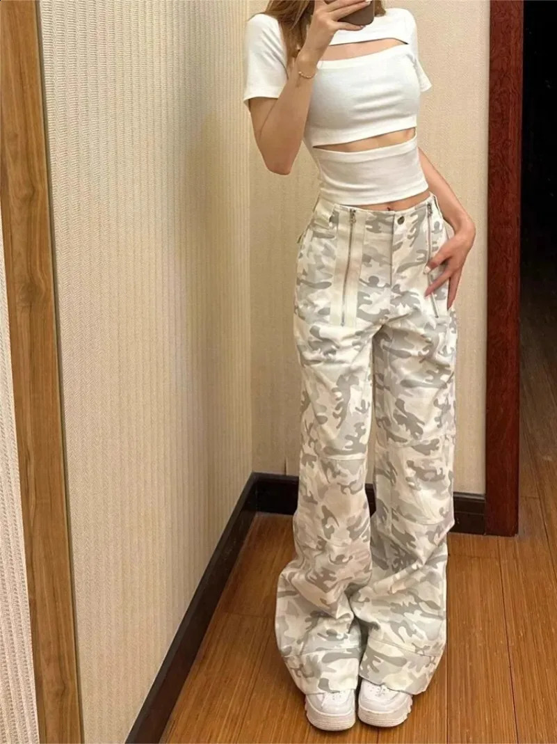 American Retro Camouflage Cargo Pants Y2k EGirl High Waist Straight Jeans Sumemr Loose Wide Legs 240829