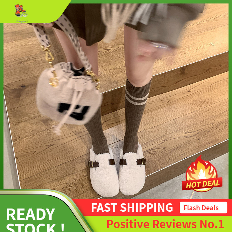 Ddmysports Su Yinyin S Autumn Winter Lamb Wool Thick Soled Boken Shoes With Belt Buckle And Fuzzy Fur Half Slippers For Women Outdoor Wear OUTDOOR