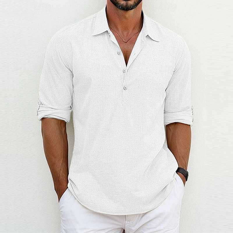 Summer Casual Pure Color Polo Shirt Men Leisure Breathable Loose Cotton Linen Top Mens Long Sleeve Button Lapel Pullover ShirtsXJ240828
