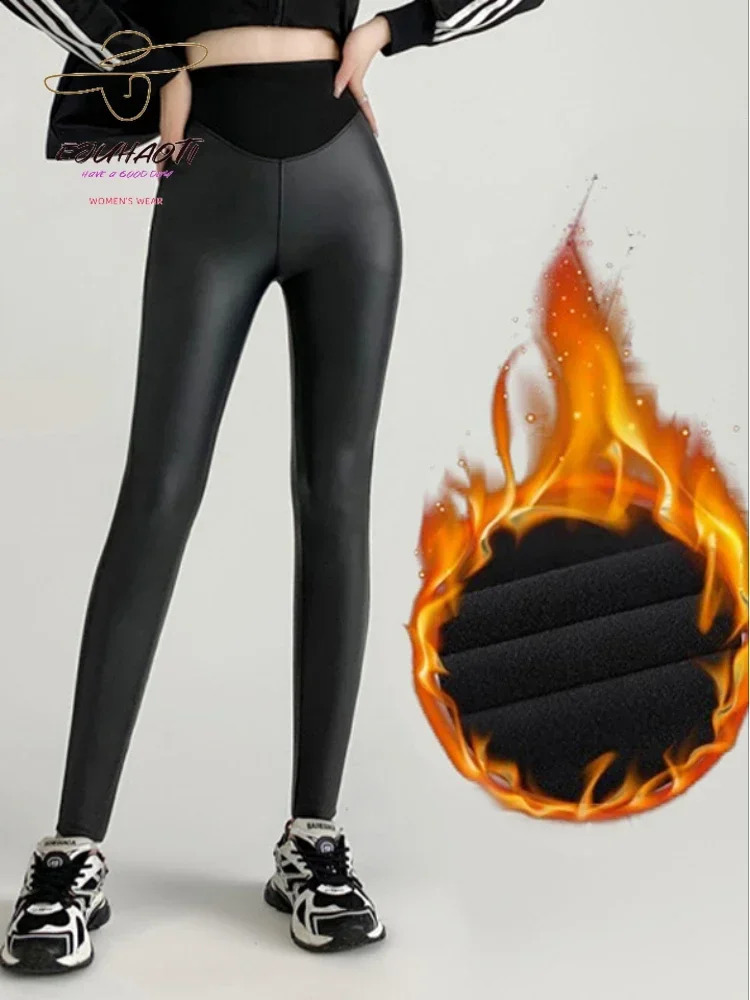 Womens PU leather wool sexy legs autumn tight elastic pants high elasticity waist splicing fitness Trouser 240827