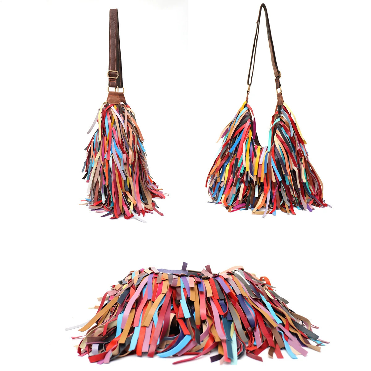 Colorful Real Sheepskin Shoulder Bags For Women Large Casual Slouchy Hobo Handbags Patchwork Leather Tassel Cross Body Purses 240829