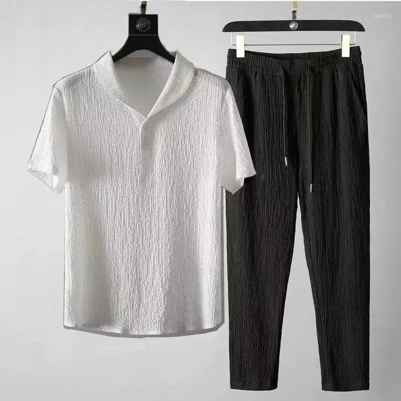 Men's Tracksuits Summer Ultra-thin Sleeveless Ice Silk Linen Suit Cotton Set Oversized Loose-fit Mid-sleeve T-shirt Sports Wear