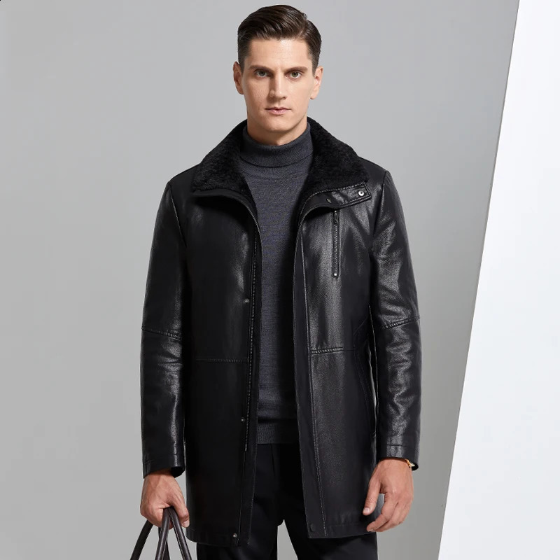 YN8819 fur integrated mens leather jacket medium length thick natural sheepskin collar family casual factory direct sales 240828
