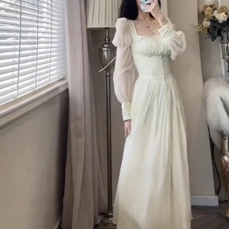 French Retro Square Neck Corset Princess Prom Dress Women Spring Long Sleeve Elegant Pink Female Long Slim Evening Dresses