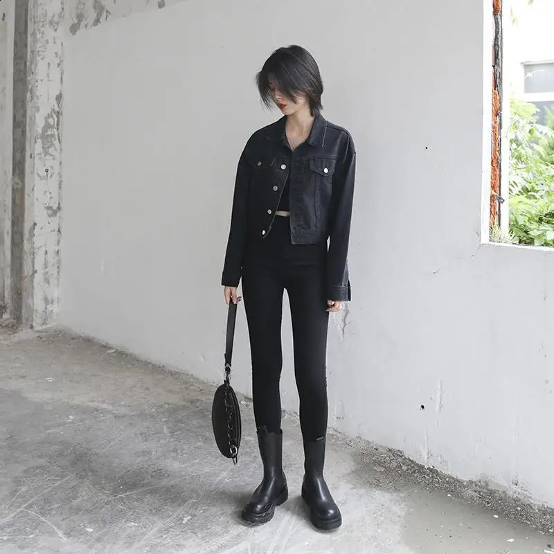 Black Cropped Denim Jackets Women Cool Streetwear Retro Female Basic Chic Ulzzang All-match Chaqueta Mujer Teens Spring Harajuku 240828