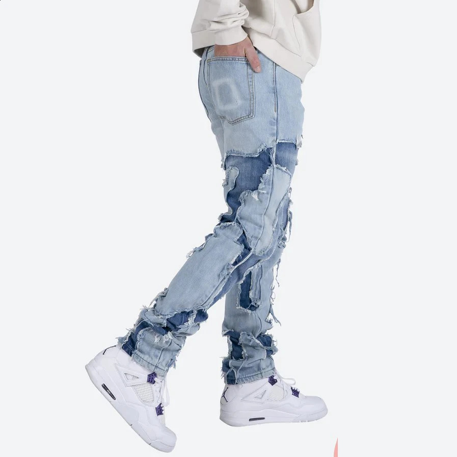 High Street Vibe Style Patchwork Frayed Jeans Pants for Men Retro Washed Hole Ripped Casual Loose Denim Trousers Oversized 240826Z