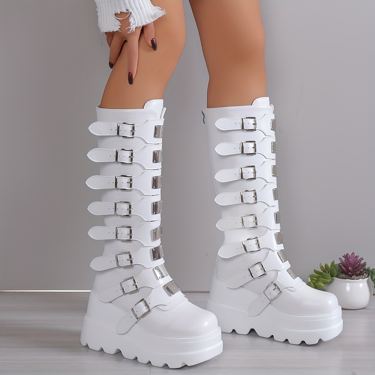 Women's wedge heel boots long boots, fashion buckle design thick sole boot, women's fashion back zipper boots carnival and music festival bo