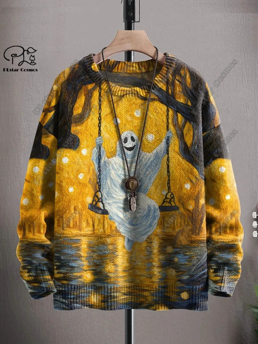 3D printing Halloween series horror ghost skeleton witch black cat pattern ugly sweater street casual winter sports shirt W-1 240829