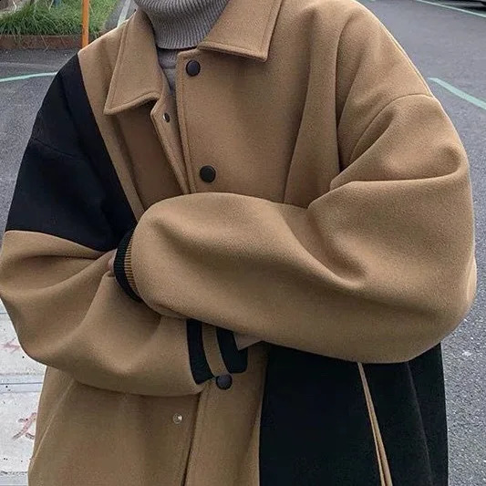 Winter contrasting color lapel jacket mens velvet thick versatile loose large-sized casual wool coat k clothing 240829