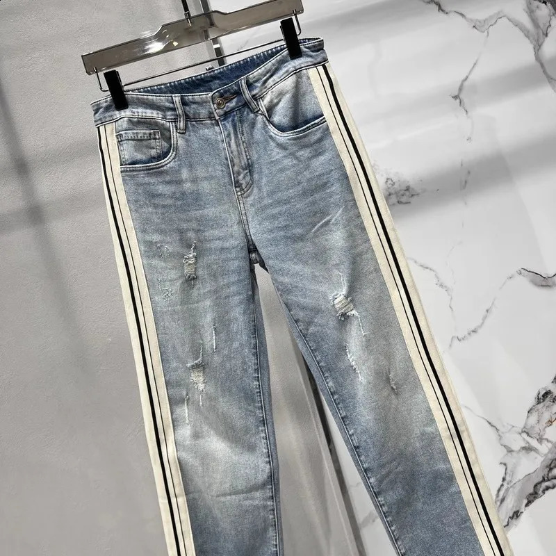 mens straight jeans high-quality washed edge stripes casual denim pants blue hip-hop streetwear mens Trousers 240829
