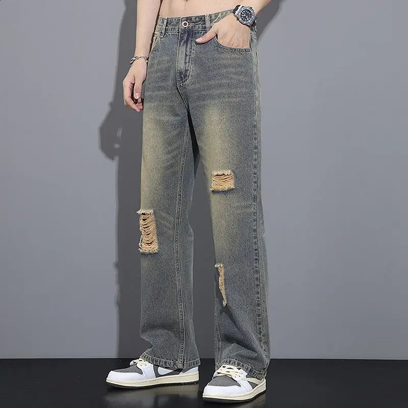 Summer High Street American Vintage Distressed Jeans Mens Button Zipper Pocket Fashionable Loose Casual Wide Leg Straight Pants 240829