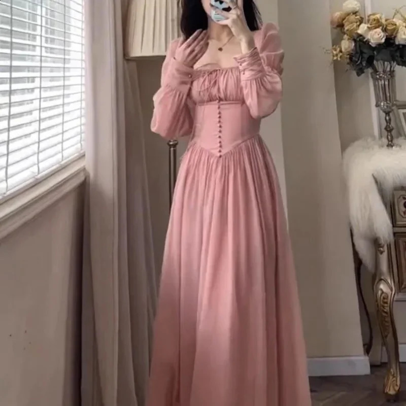 French Retro Square Neck Corset Princess Prom Dress Women Spring Long Sleeve Elegant Pink Female Long Slim Evening Dresses
