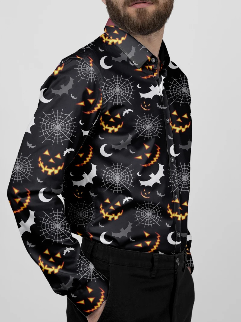 Spring and Autumn Outdoor Halloween Mens Clothing Casual Ghost Pumpkin Pattern Boat Collar Button Long Sleeve Pattern Novel Costu 240829