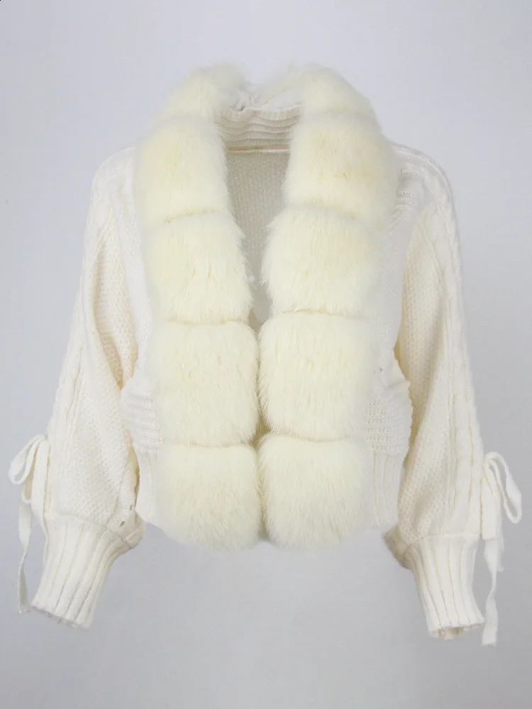 OFTBUY Winter Womens Casual True Fox Fur Collar Fashion Short Warm Loose Knitted Jacket With Natural Board Coat