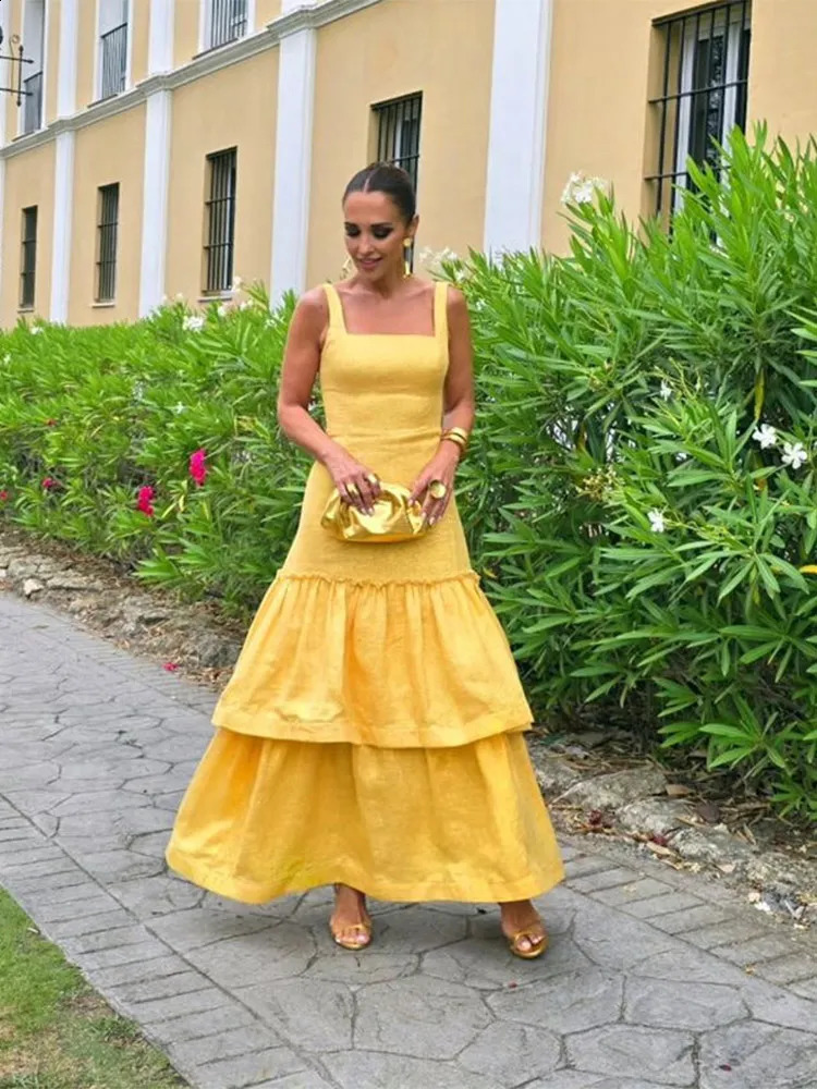 Fashion Sexy Layered Ruffled Women Dress Chic Square Collar Sleeveless Robes Summer Female Party Club Evening Dresses