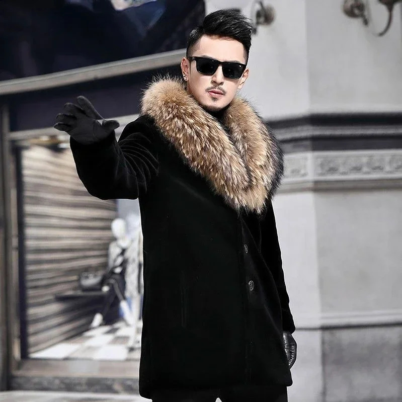 Mens black faux fur collar jacket button long sleeved winter oversized warm mens windbreaker Xxl 240828